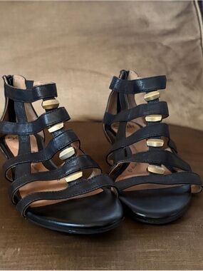 Sofft Black Strappy Sandals with Gold Accents